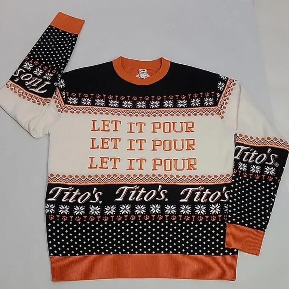 Tito's Vodka: Let It Pour: Christmas Sweater: Black White Orange: Mens Large